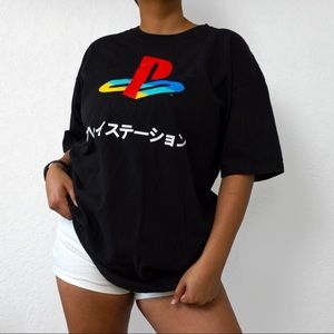 Black Red Sony Playstation Logo Japanese Writing Katakana Characters Graphic Tee